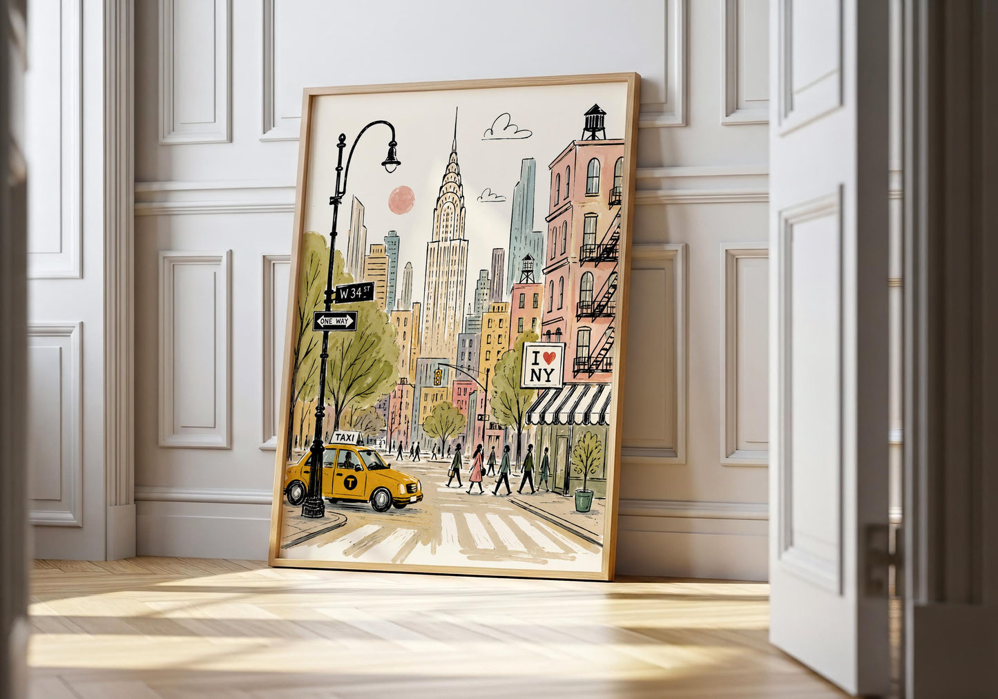 Illustrated New York City street art showing the Chrysler Building, yellow taxi and colourful Manhattan buildings.