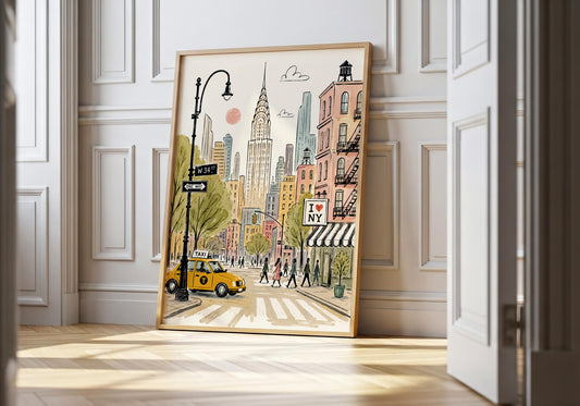 Illustrated New York City street art showing the Chrysler Building, yellow taxi and colourful Manhattan buildings.