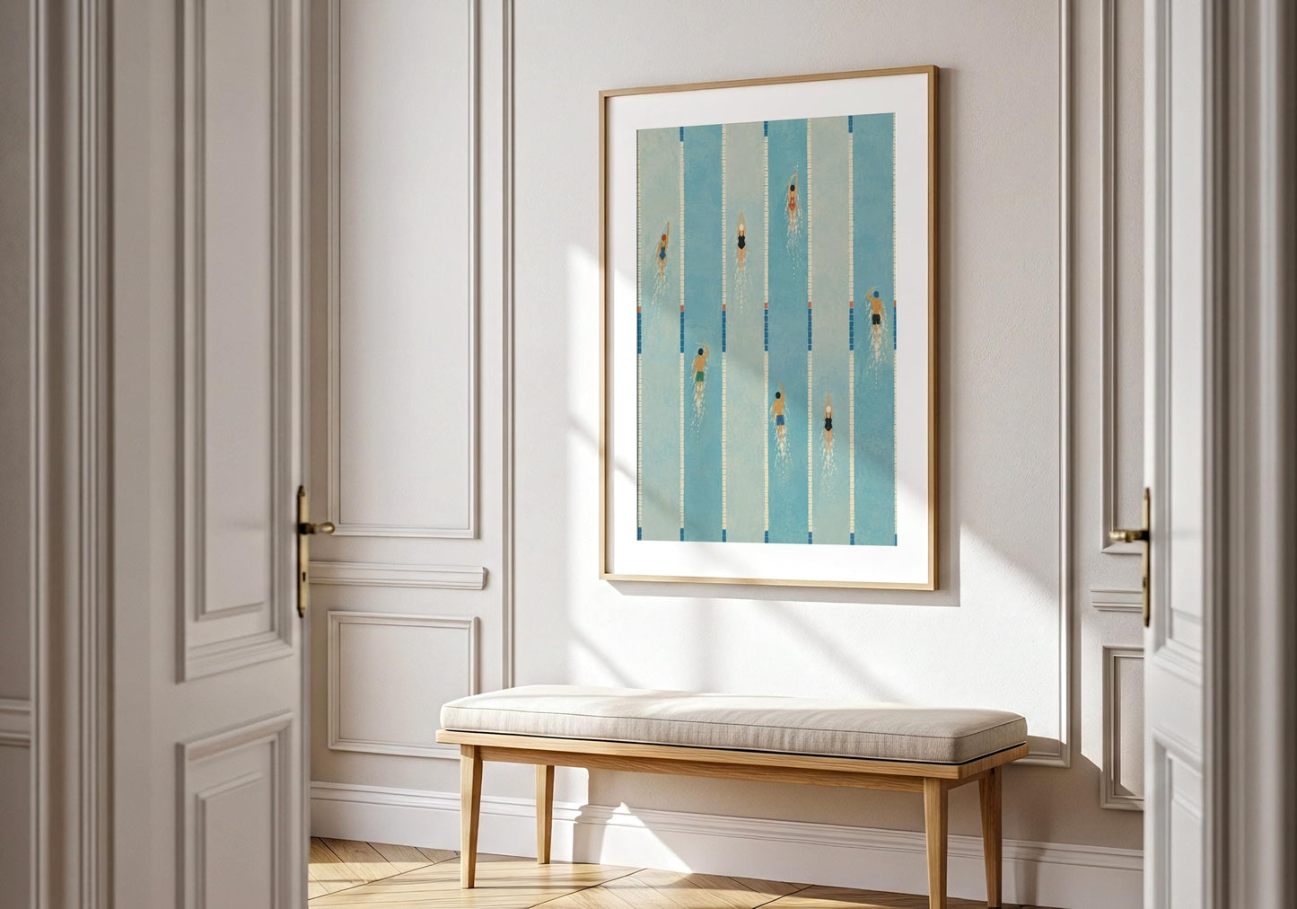 Architectural swimming pool wall art with clean geometric lines and calming blue water for modern interiors.