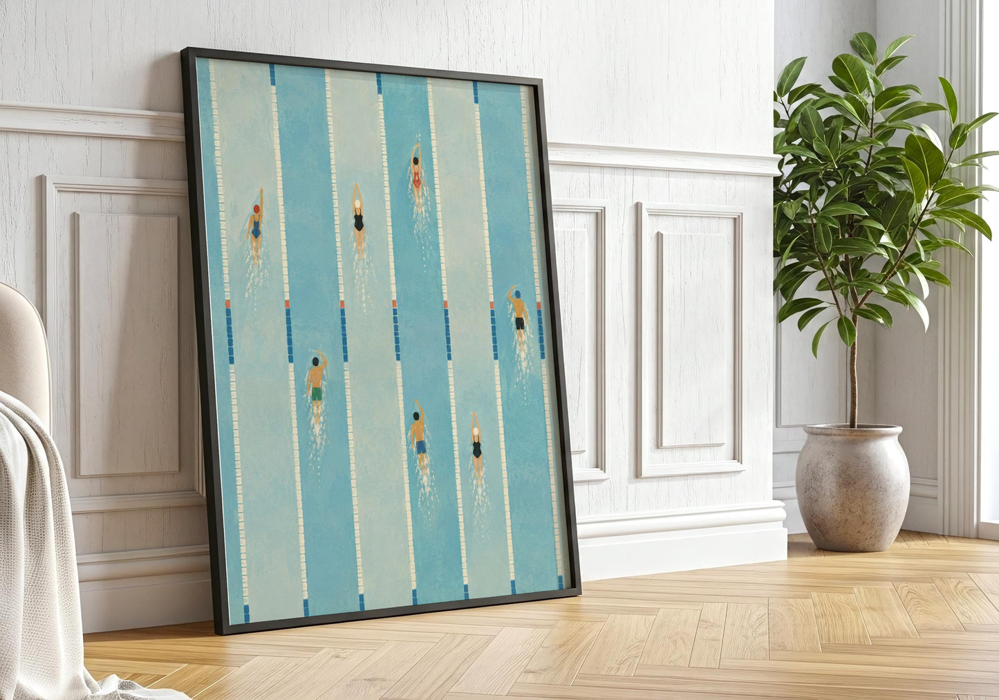 Aerial swimming pool print with minimalist swimmers and geometric pool lanes, inspired by luxury hotel design.