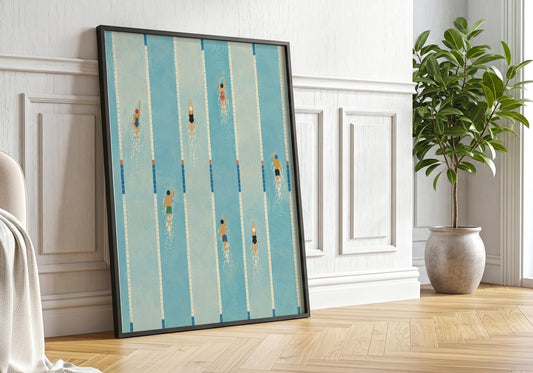 Aerial swimming pool print with minimalist swimmers and geometric pool lanes, inspired by luxury hotel design.