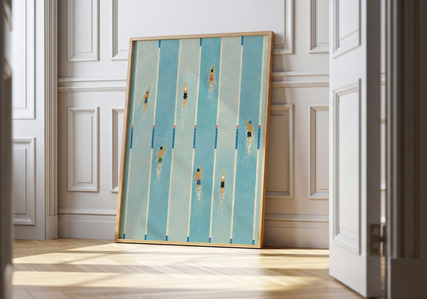 Modern swimming pool wall art featuring swimmers in lap lanes viewed from above, perfect for contemporary home decor.