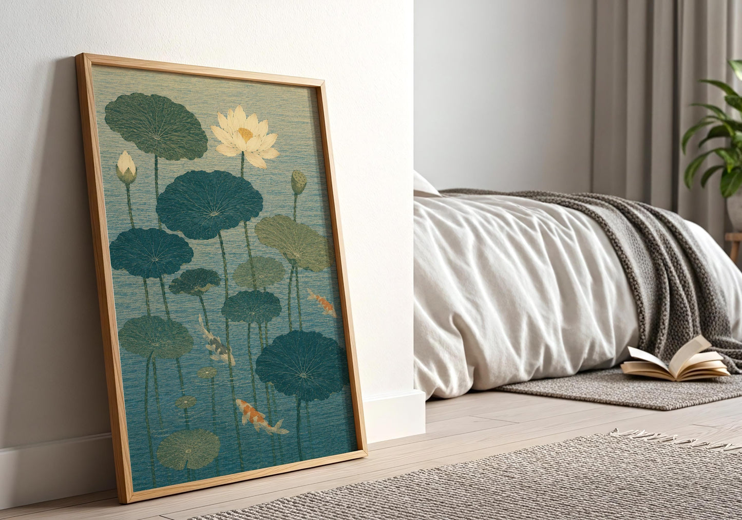Calming spa wall art featuring a peaceful lotus pond in soft blue and green tones for relaxation rooms.