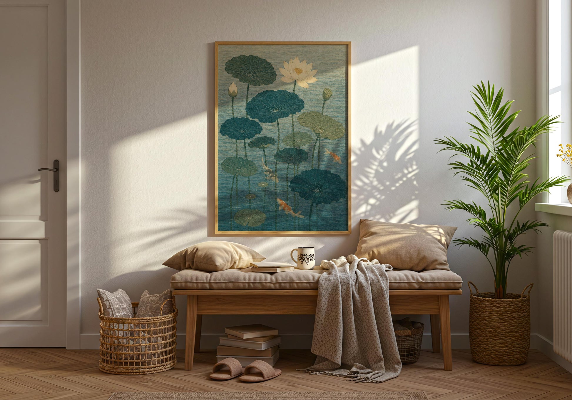 Relaxing lotus flower wall art with tranquil pond scene, designed for Japandi interiors, wellness studios, and spa bathrooms.