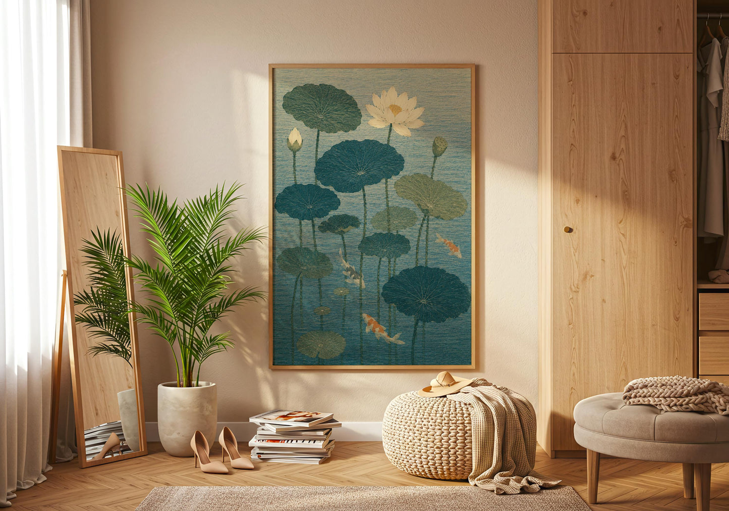 Zen-inspired lotus pond print featuring koi fish and peaceful water garden imagery for mindful living spaces.