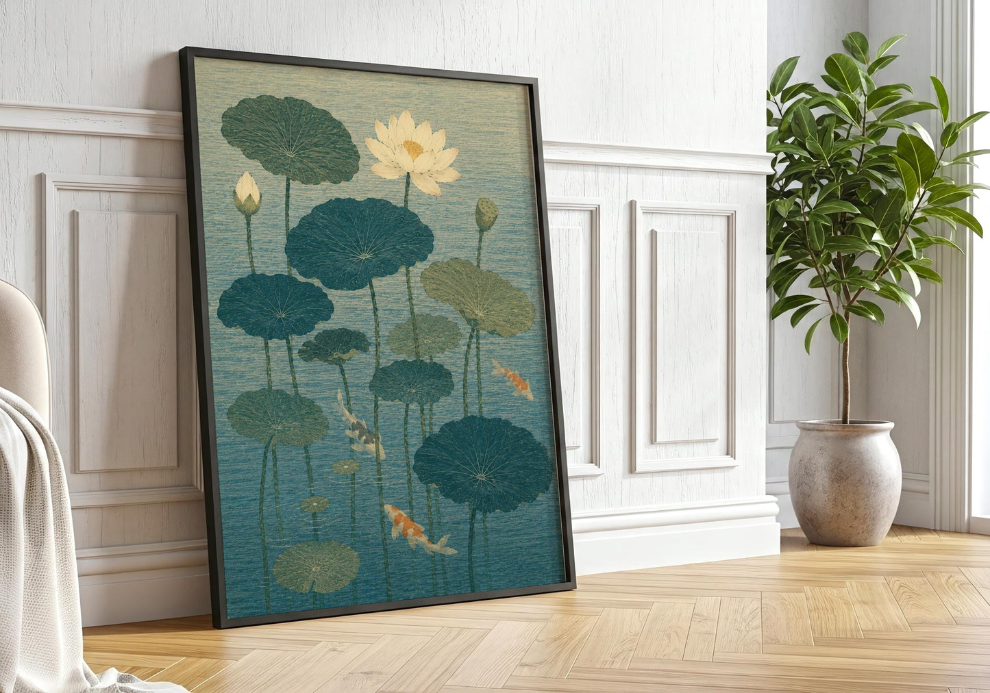 Japandi botanical print with lotus flowers, lily pads, and koi fish, ideal for Zen bathrooms and meditation spaces.