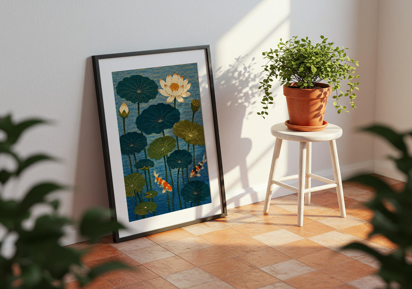 Elegant botanical wall art showcasing lotus flowers and koi fish, designed for modern maximalist and eclectic homes.