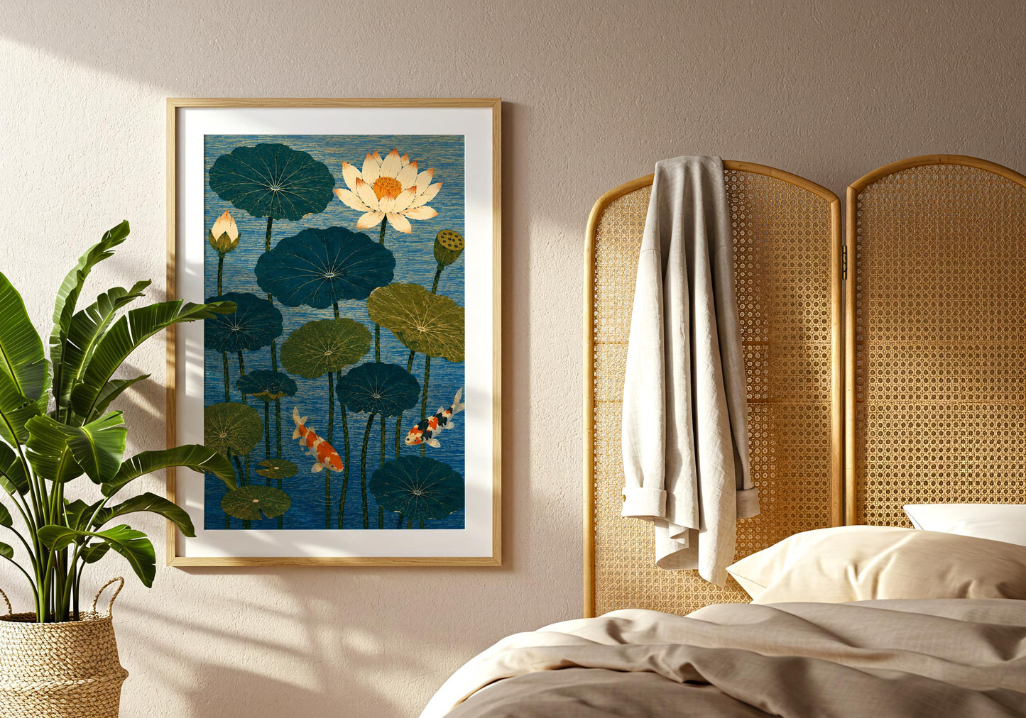 Maximalist botanical print featuring koi fish swimming beneath lotus leaves, ideal for gallery walls and statement decor.