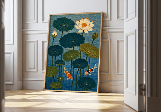 Bold blue lotus wall art featuring koi fish and lotus flowers, luxury botanical artwork for Art Deco and maximalist interiors.