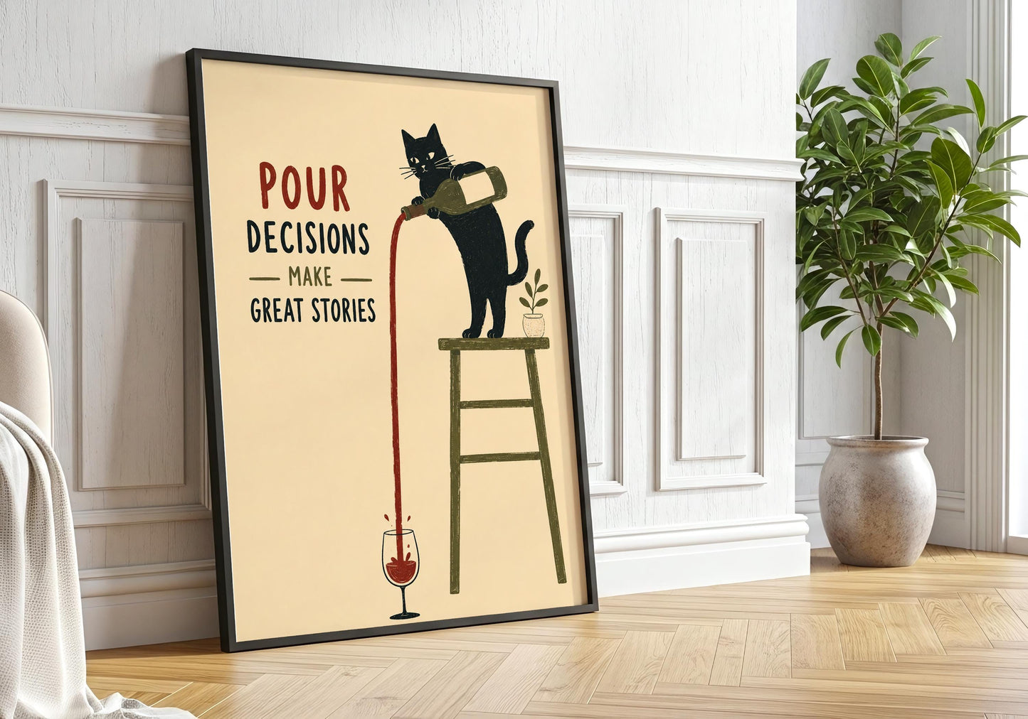 Quirky wine lover print featuring a black cat standing on a stool and pouring wine into a glass.