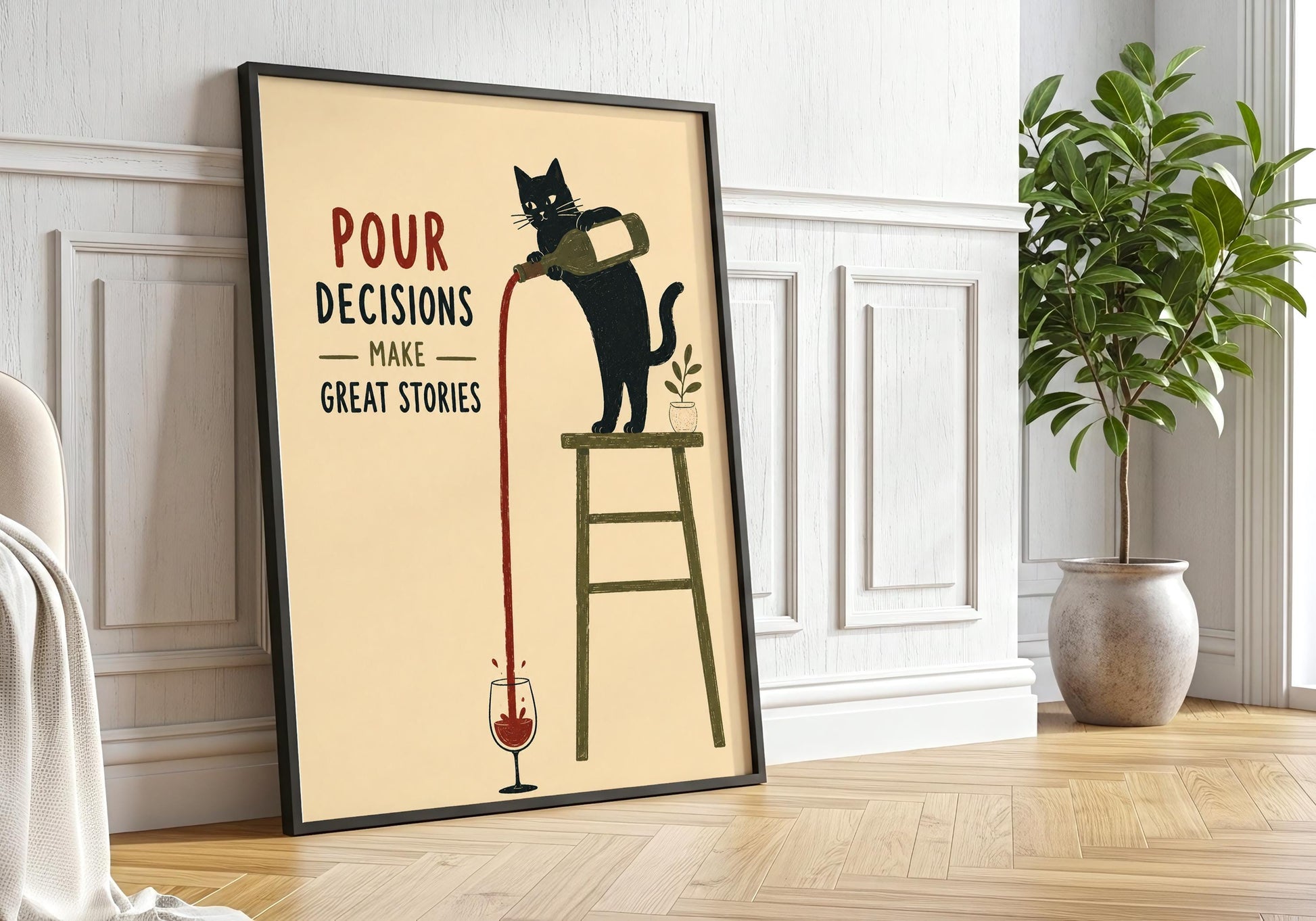 Quirky wine lover print featuring a black cat standing on a stool and pouring wine into a glass.