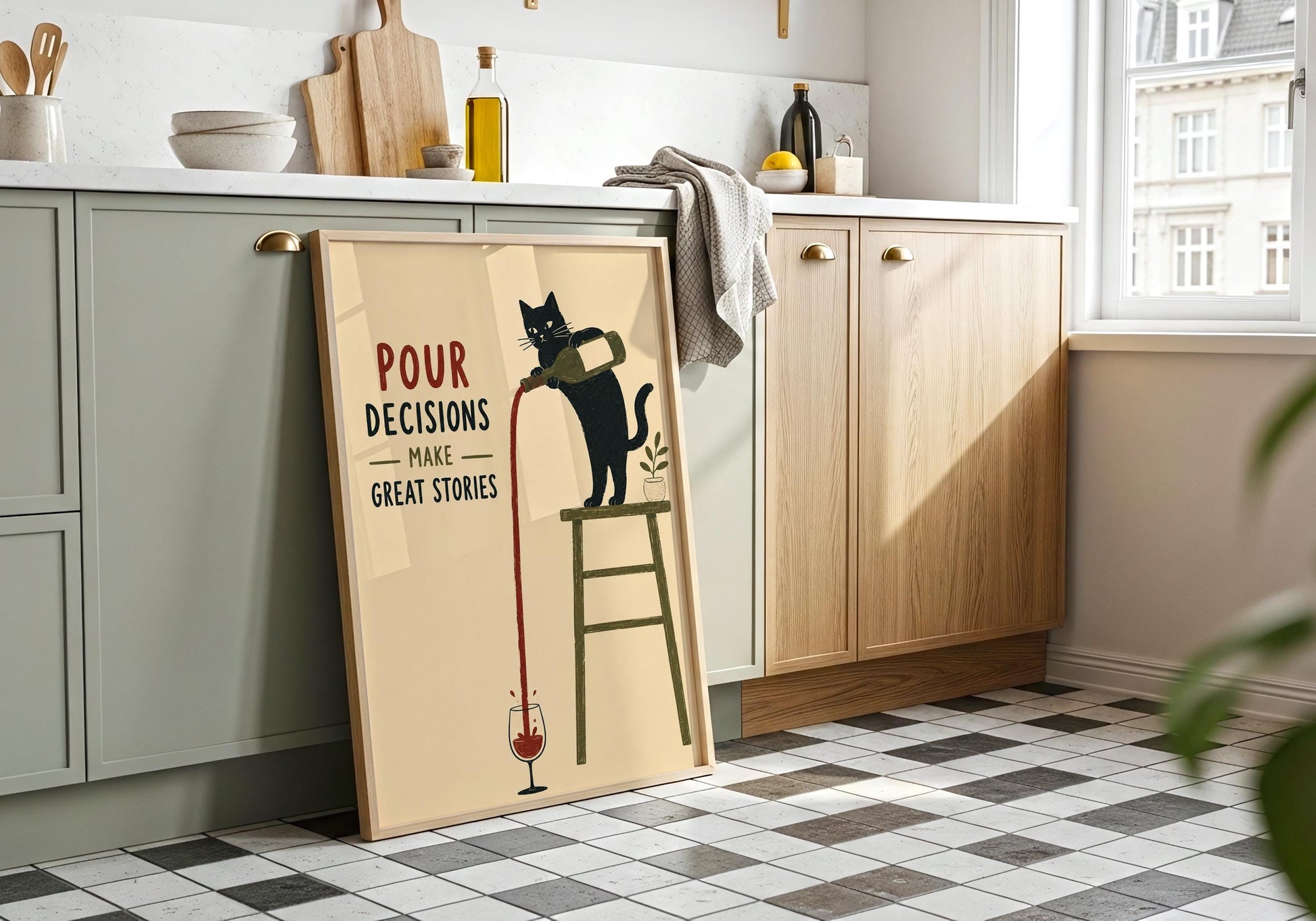 Quirky home bar decor showing a mischievous black cat pouring an oversized stream of red wine into a glass.