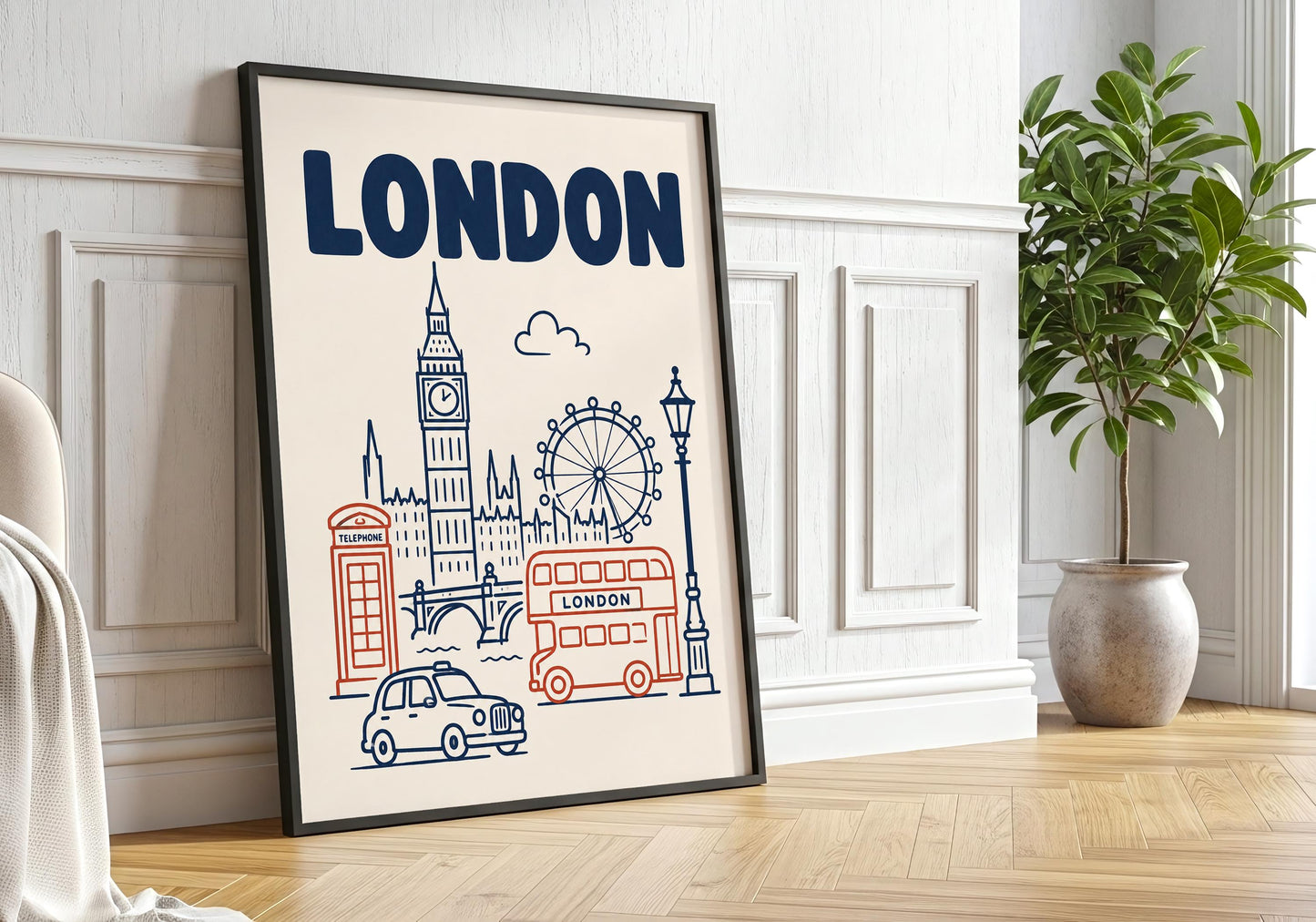 Framed London travel poster displayed in a bright interior with a warm cream background and retro illustrated landmarks.