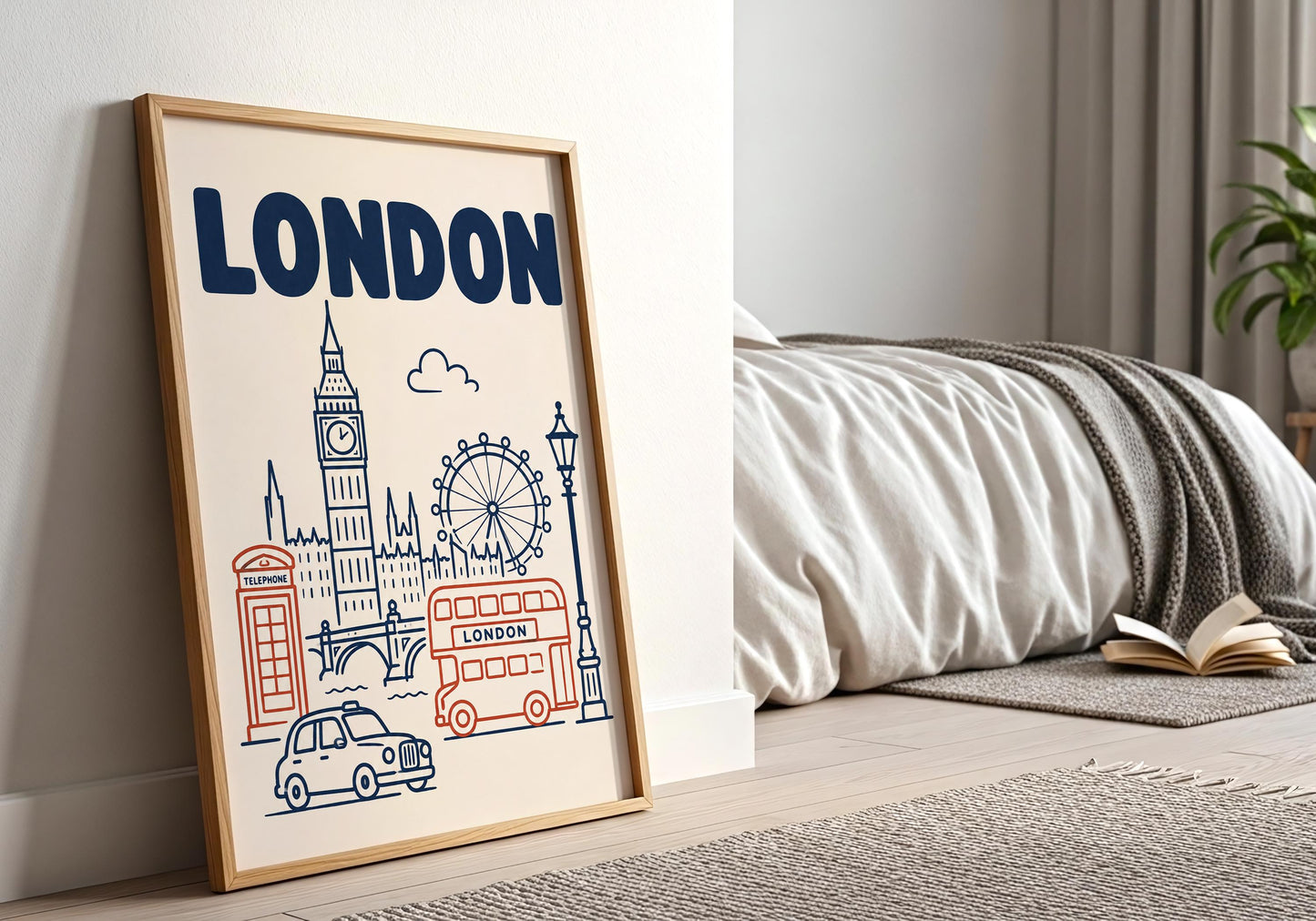 London travel print with illustrated Elizabeth Tower, London Eye, red bus and black cab in a playful minimalist style.