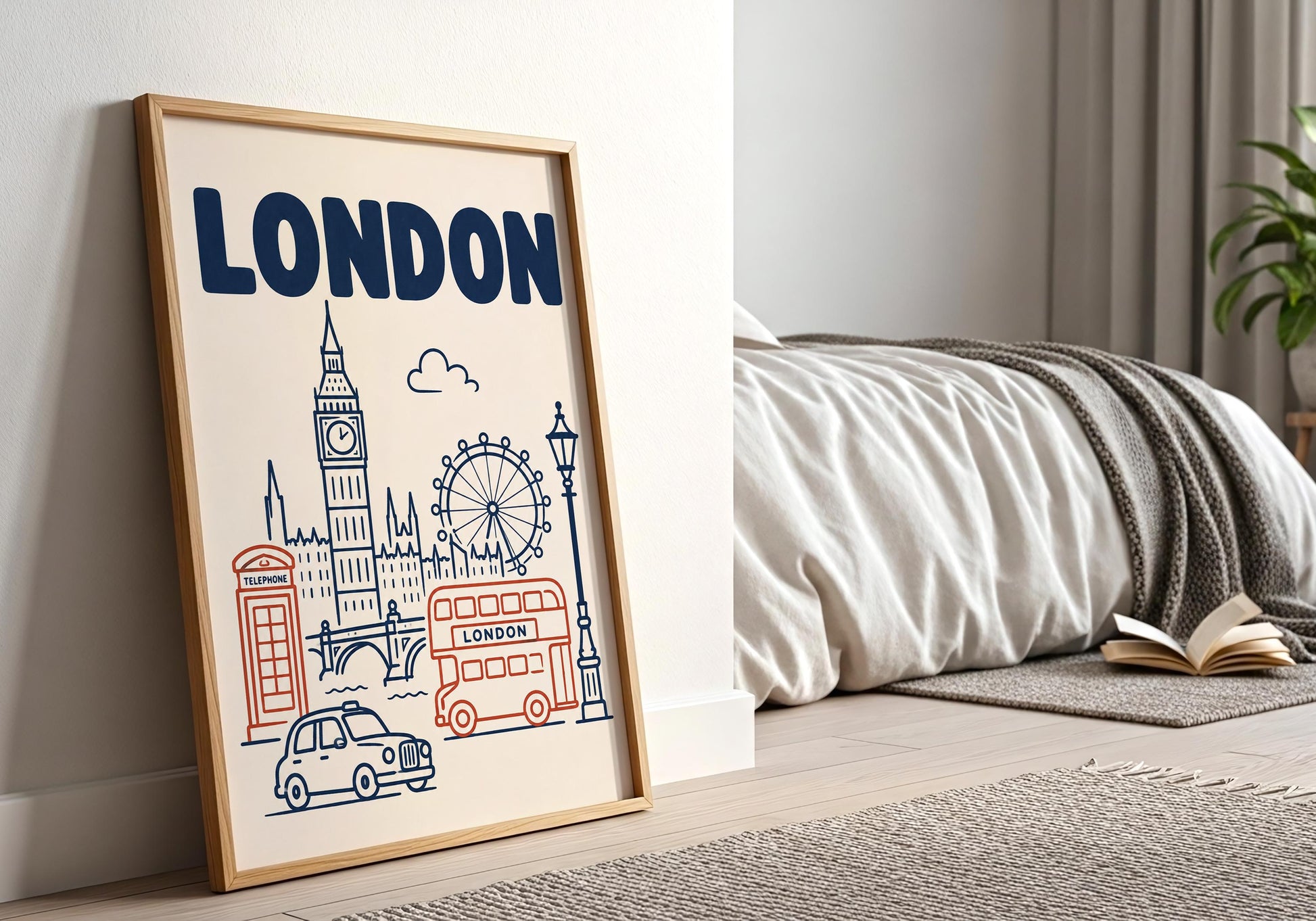 London travel print with illustrated Elizabeth Tower, London Eye, red bus and black cab in a playful minimalist style.