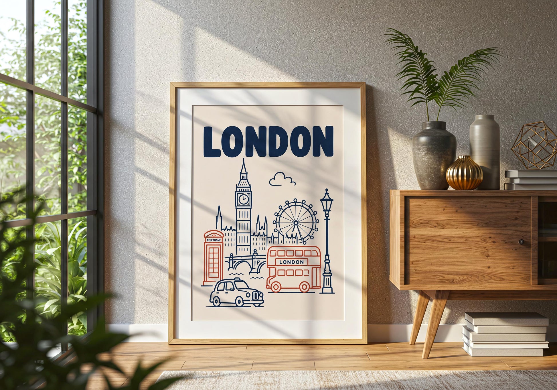 London lover gift print featuring famous capital city sights and classic British transport in a retro illustrated design.