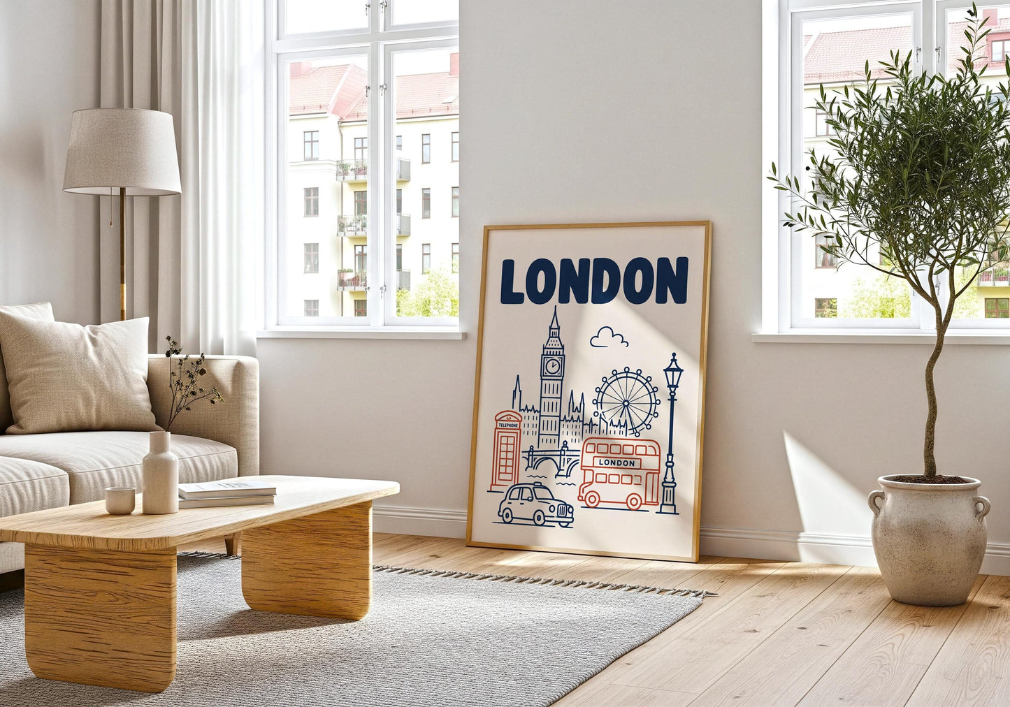 Retro London art print with Big Ben, London Eye, classic bus, telephone box and traditional London street details.