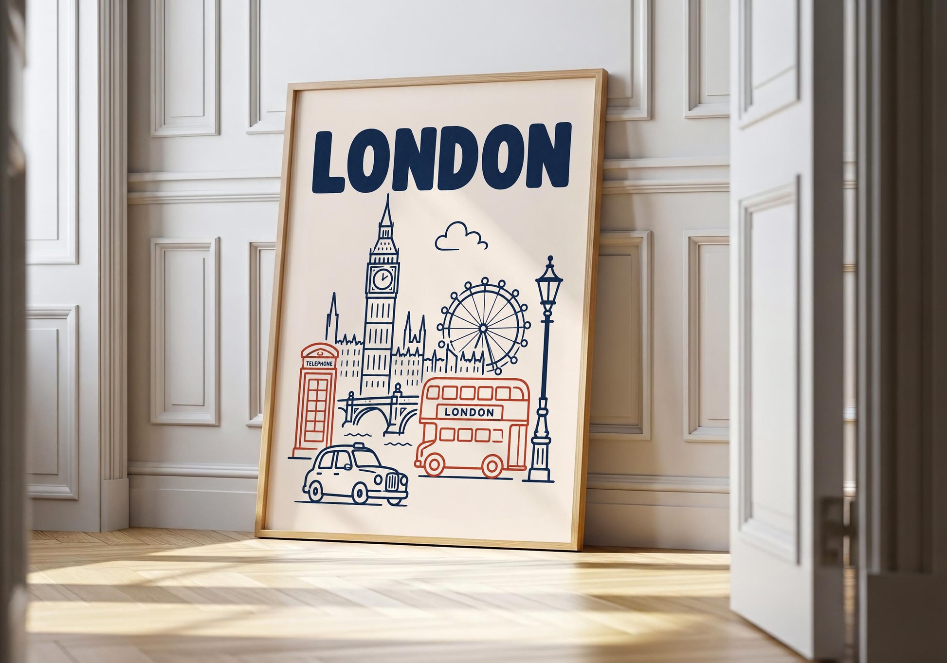 London wall art print featuring Big Ben, London Eye, red double-decker bus, telephone box and black cab in navy and red.