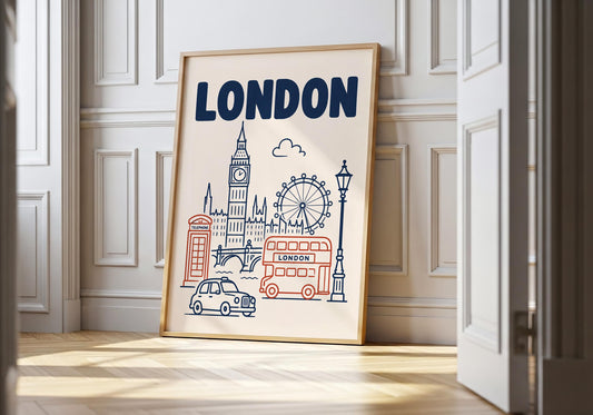 London wall art print featuring Big Ben, London Eye, red double-decker bus, telephone box and black cab in navy and red.