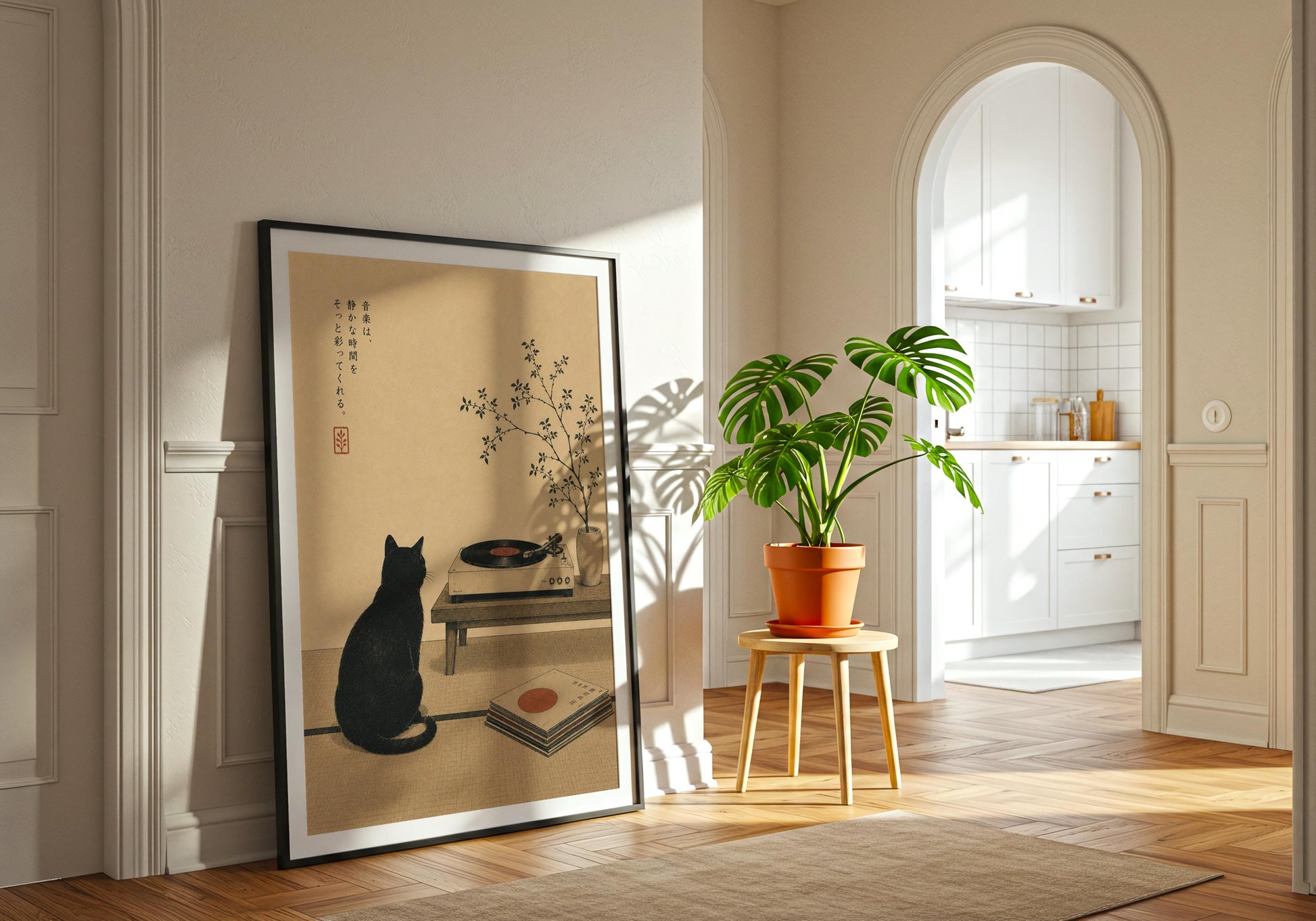 Vintage black cat print for music lovers featuring Japanese inspired record player illustration
