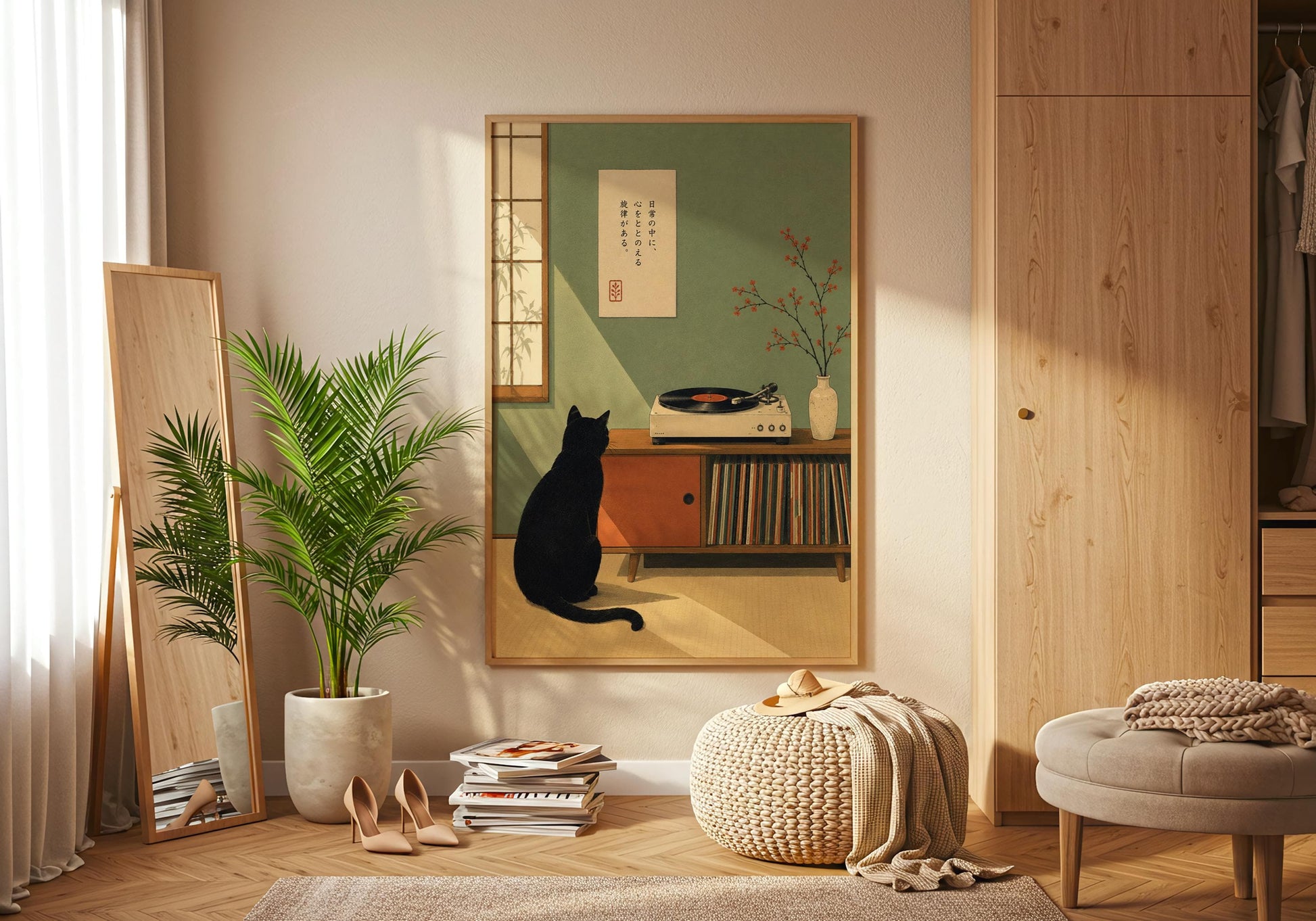 Vintage music room poster with mid century cabinet, vinyl collection and botanical decor