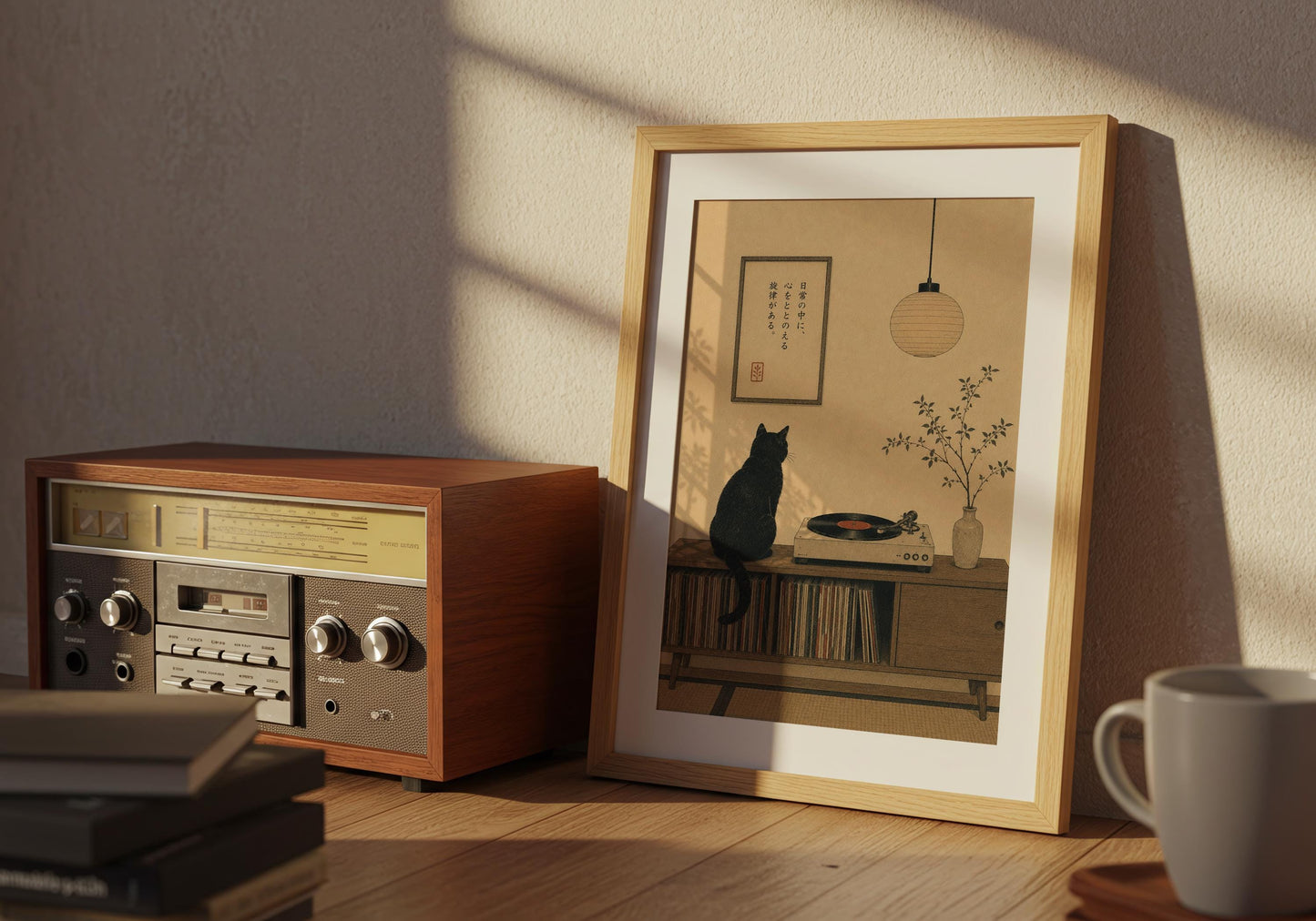 Neutral Japanese wall art in warm beige with black cat and vintage vinyl record player