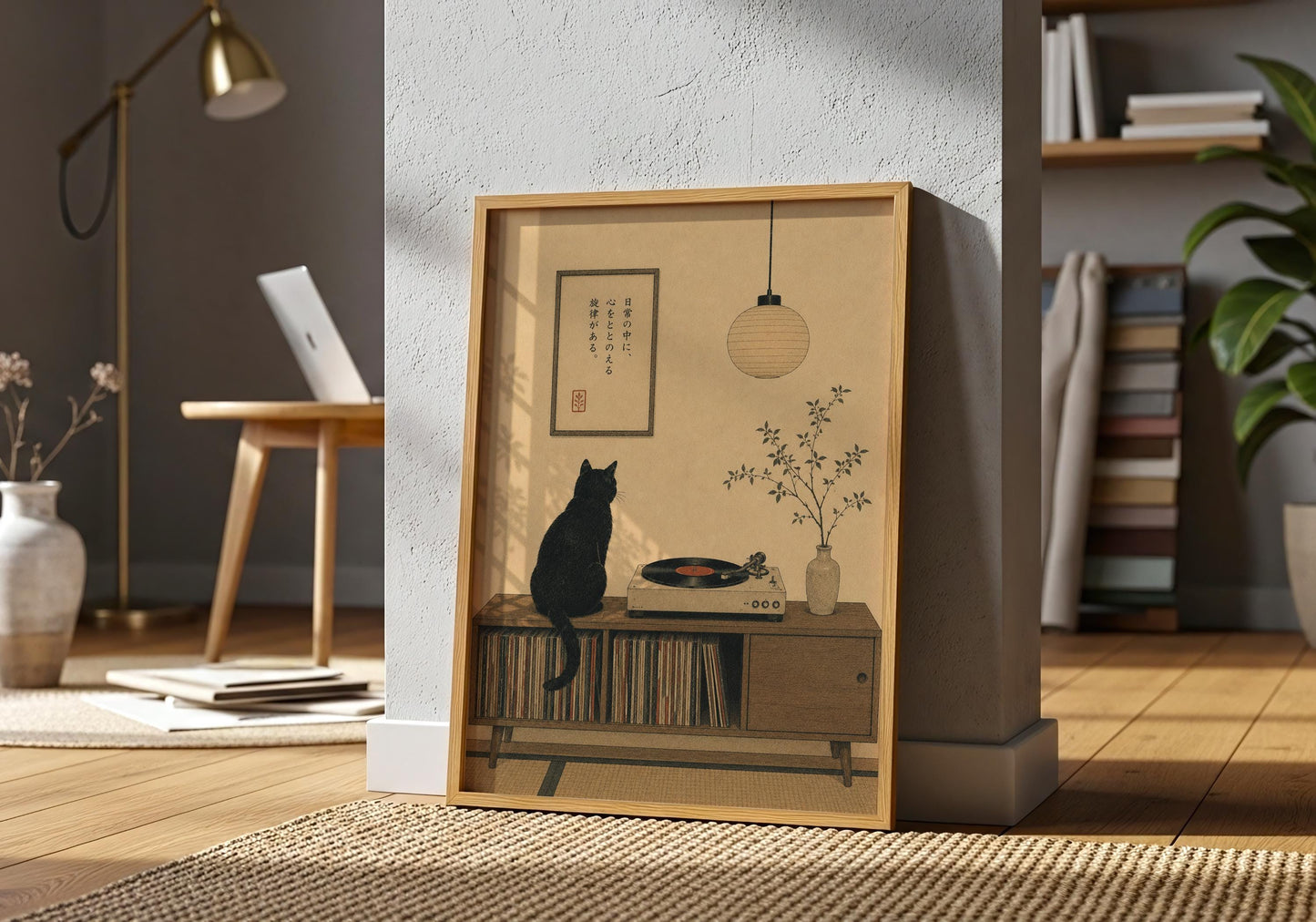 Japanese minimalist print with black cat, turntable, paper lantern and botanical branch