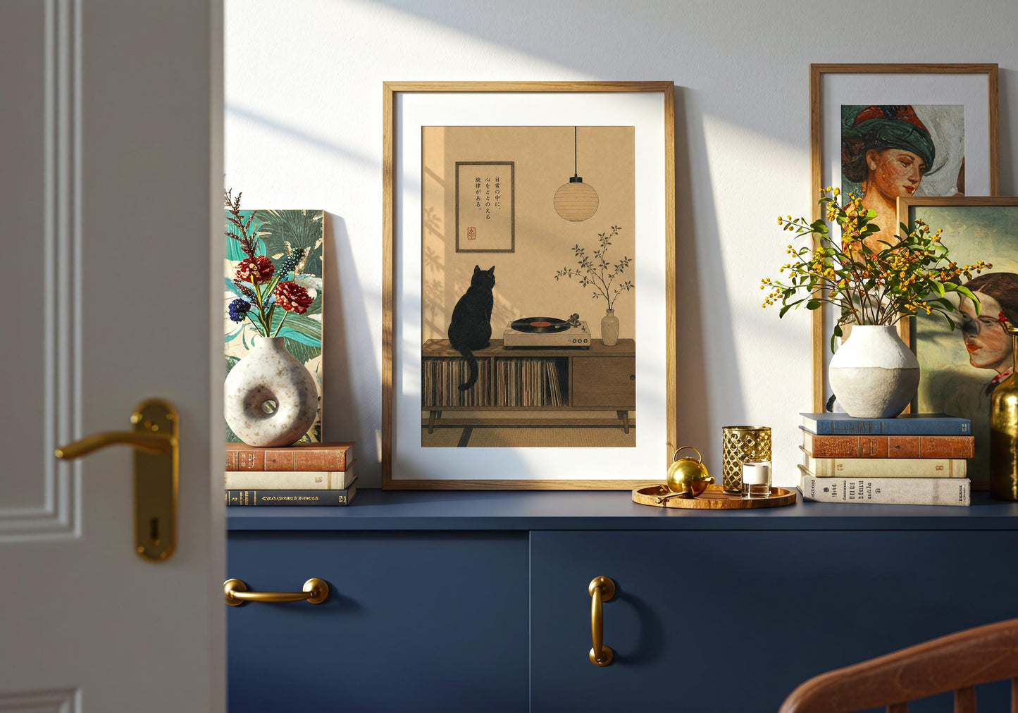 Warm beige Japandi music print with vintage turntable, black cat and vinyl collection