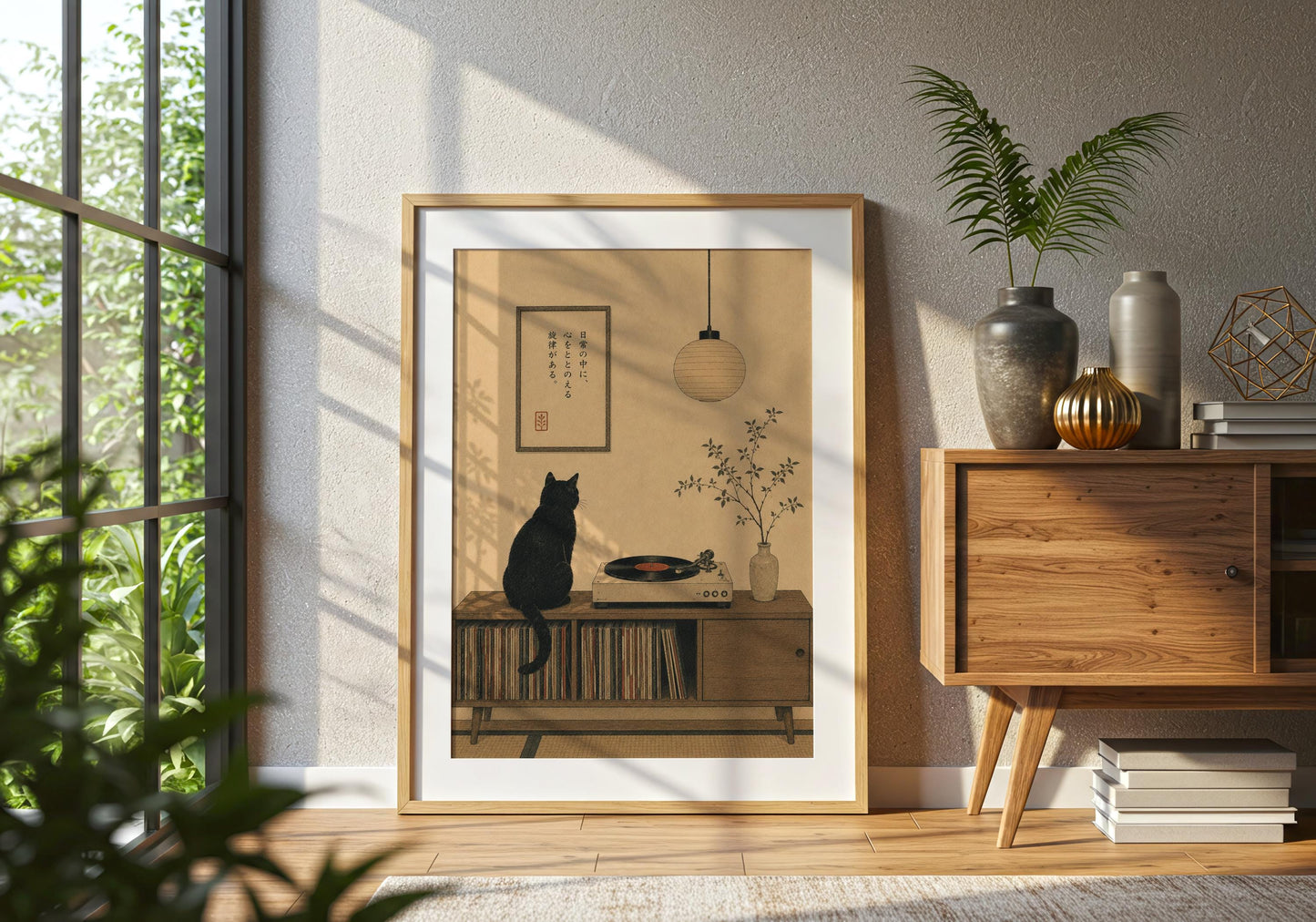 Japanese inspired neutral wall art featuring black cat, paper lantern and botanical vase
