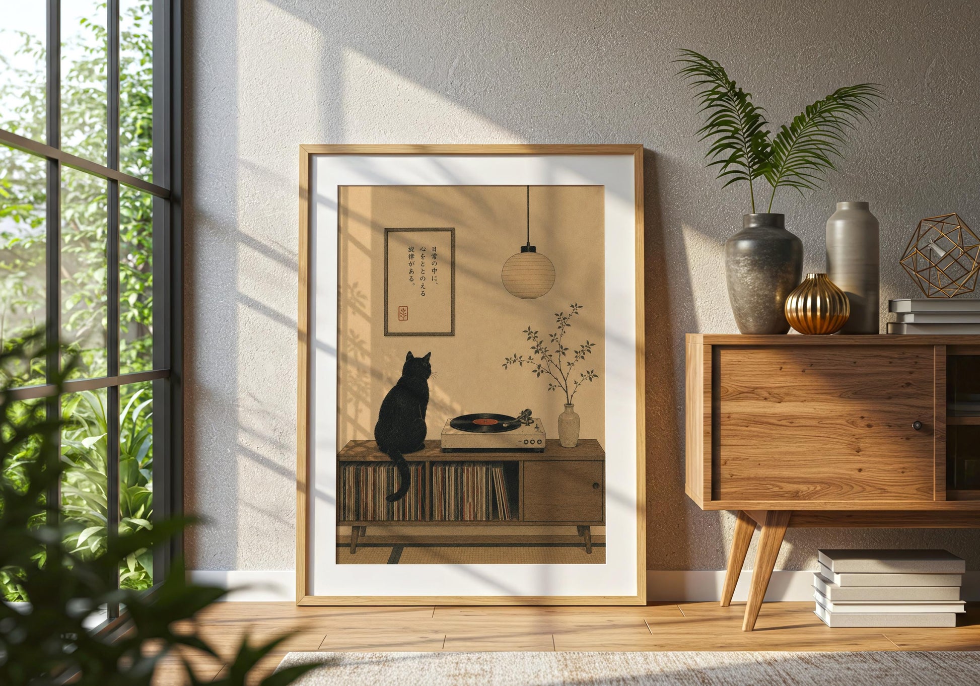 Japanese inspired neutral wall art featuring black cat, paper lantern and botanical vase