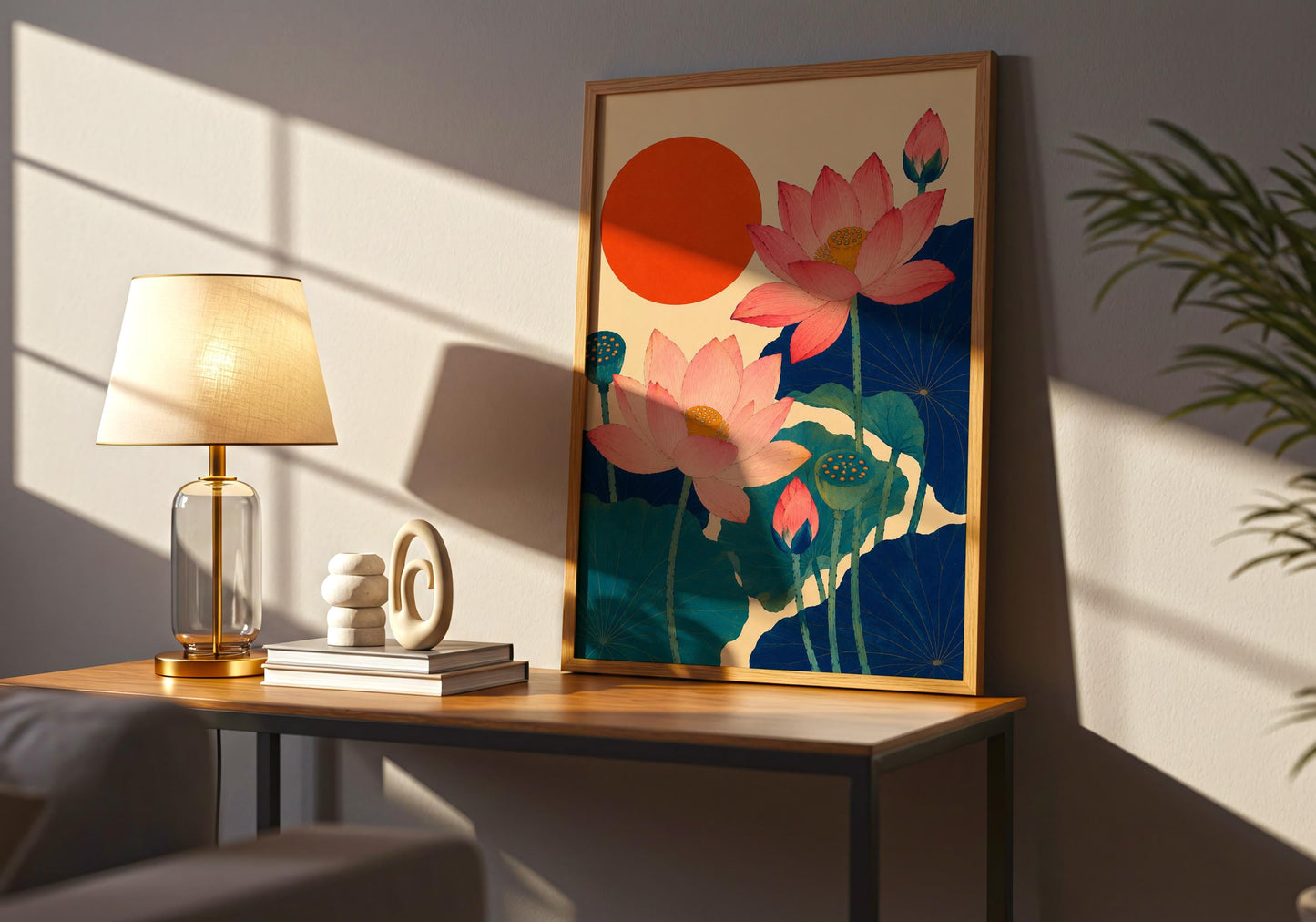 Colourful lotus wall art featuring coral flowers, seed pods and large graphic blue-green leaves.