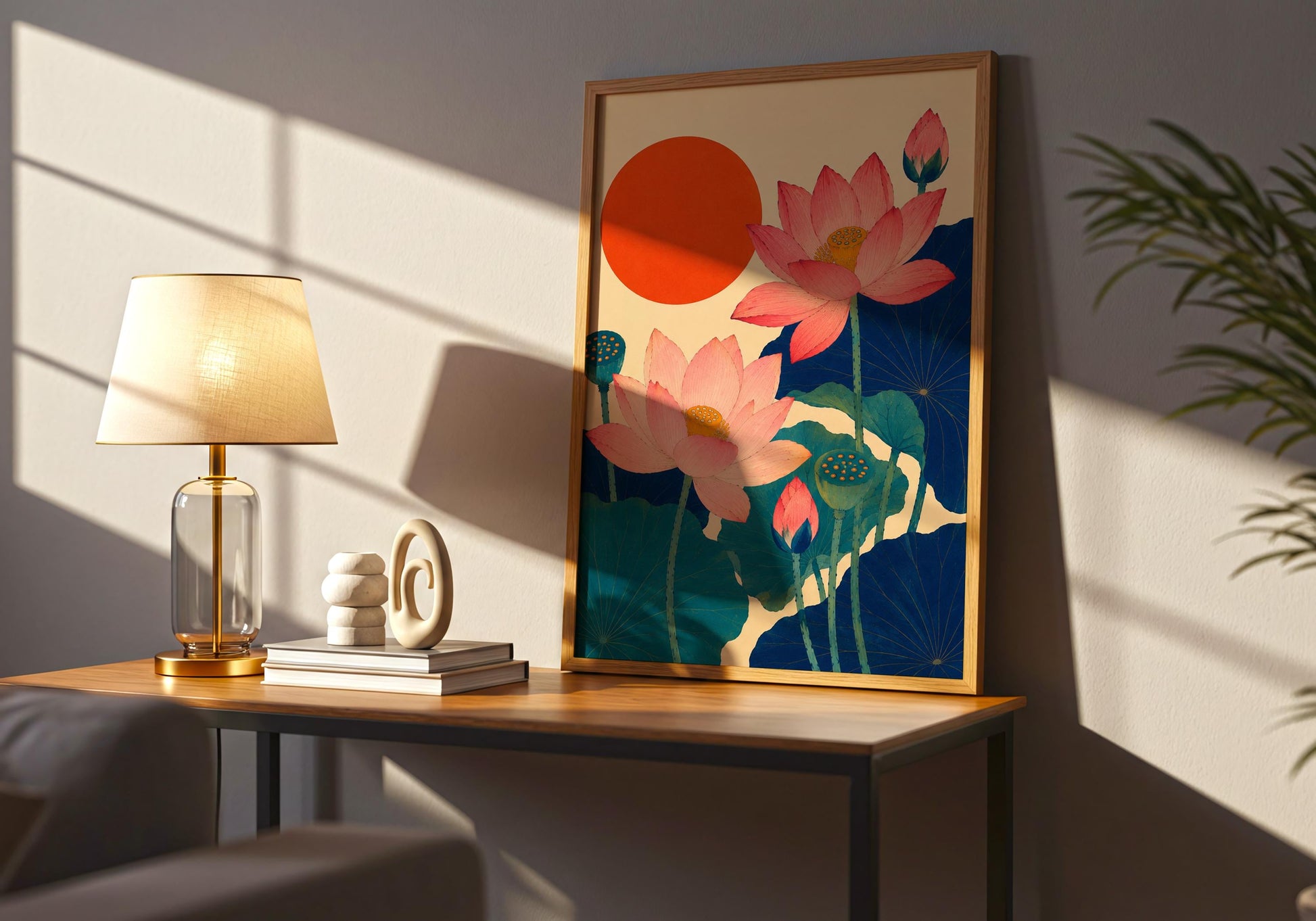 Colourful lotus wall art featuring coral flowers, seed pods and large graphic blue-green leaves.