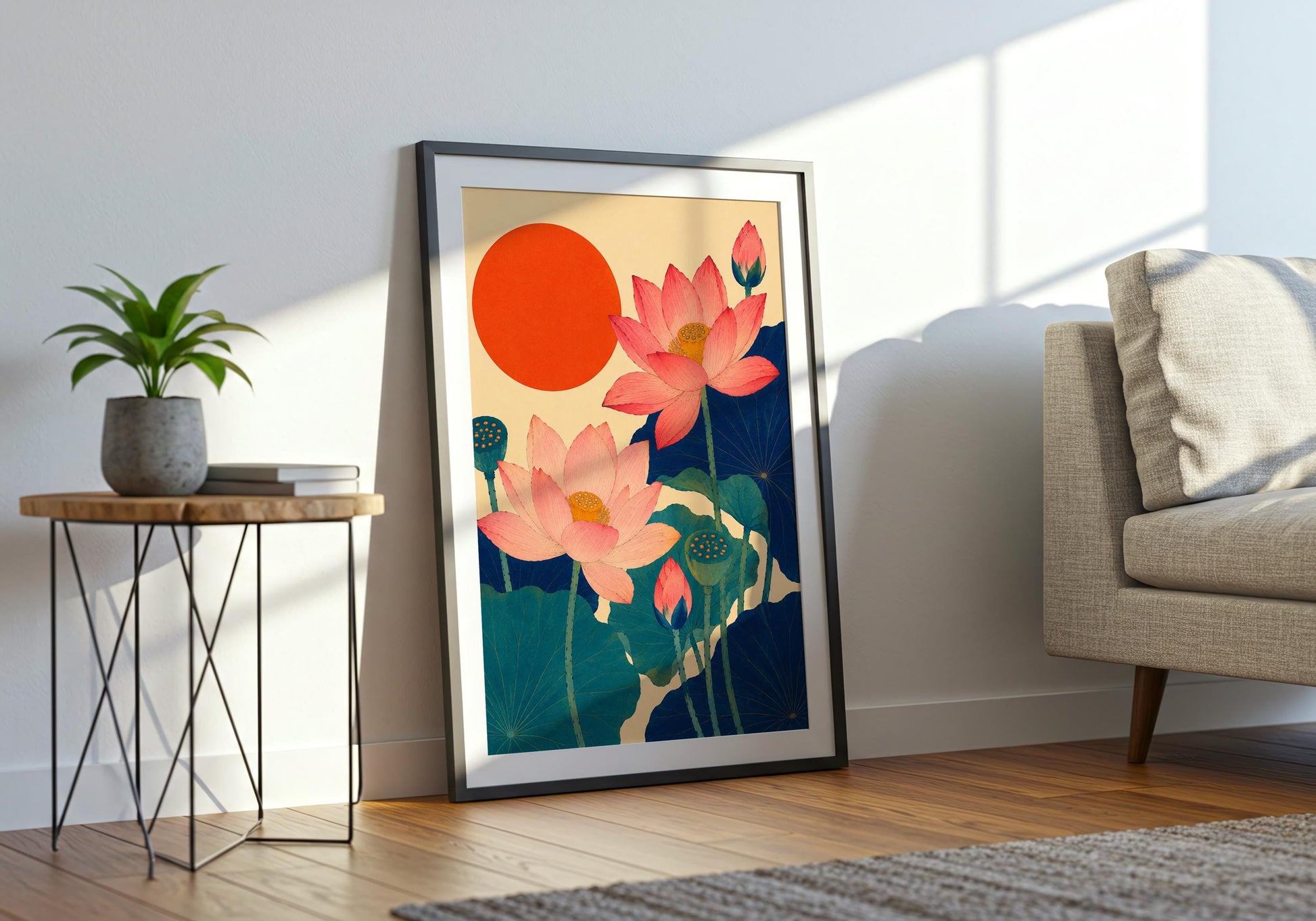 Statement botanical art print in pink, teal, indigo and orange displayed in a natural wood frame.