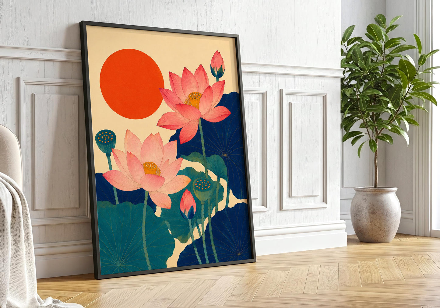 Botanical wall art featuring two pink lotus flowers surrounded by teal and indigo lotus leaves.