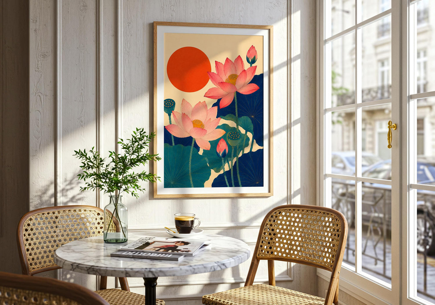 Japandi floral print with pink lotus blossoms, dark blue foliage and a red-orange sun on a warm cream background.