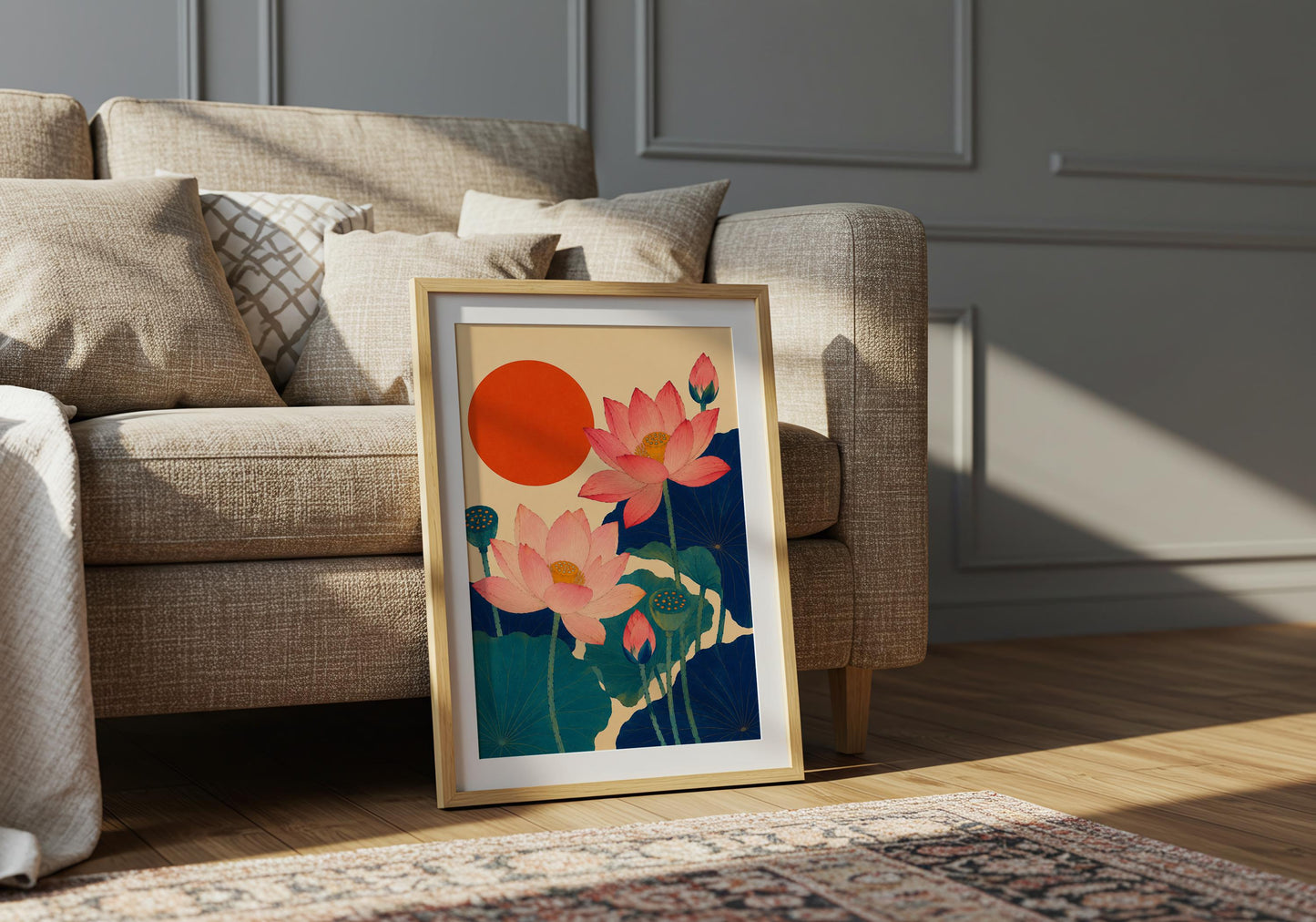 Japanese-style lotus flower print designed for Japandi living rooms, bedrooms and nature-inspired interiors.