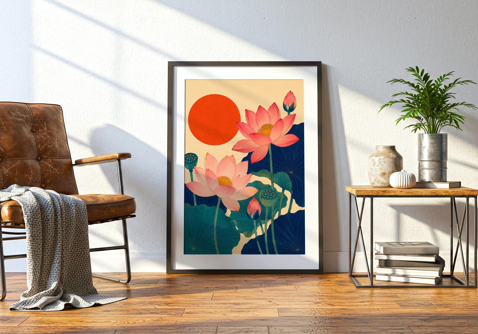 Vintage-inspired Japanese floral poster with lotus flowers and a bold circular sun motif.