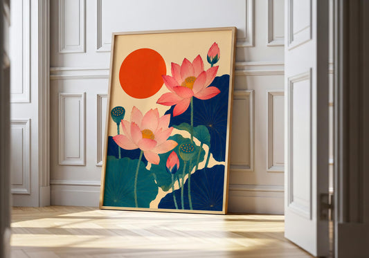 Japanese-inspired lotus flower art print with coral pink blooms, deep blue leaves and a large vermilion sun.