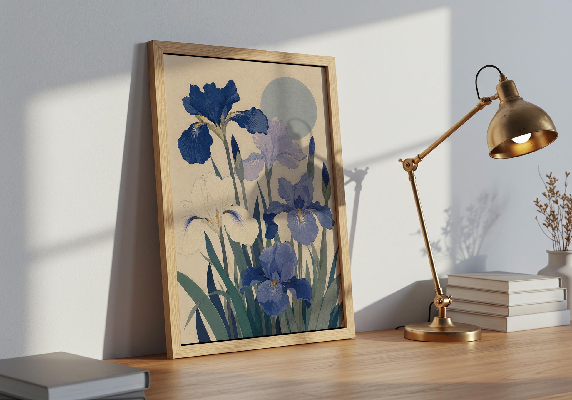Blue floral statement print displayed in a natural wood frame for a bedroom, living room or reading space.