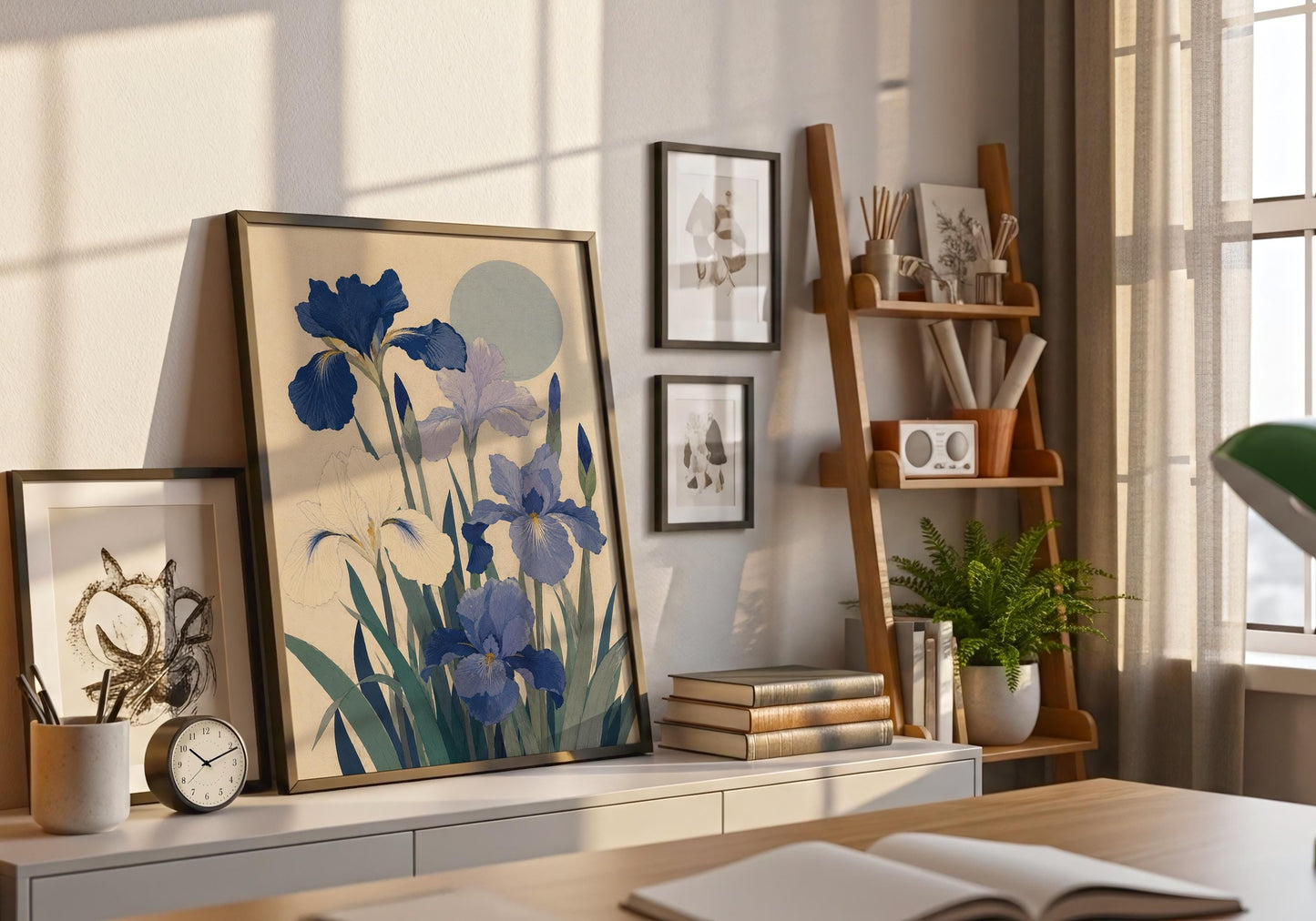 Japanese-inspired botanical print with tall blue irises, green leaves and a muted blue-grey circular sun.