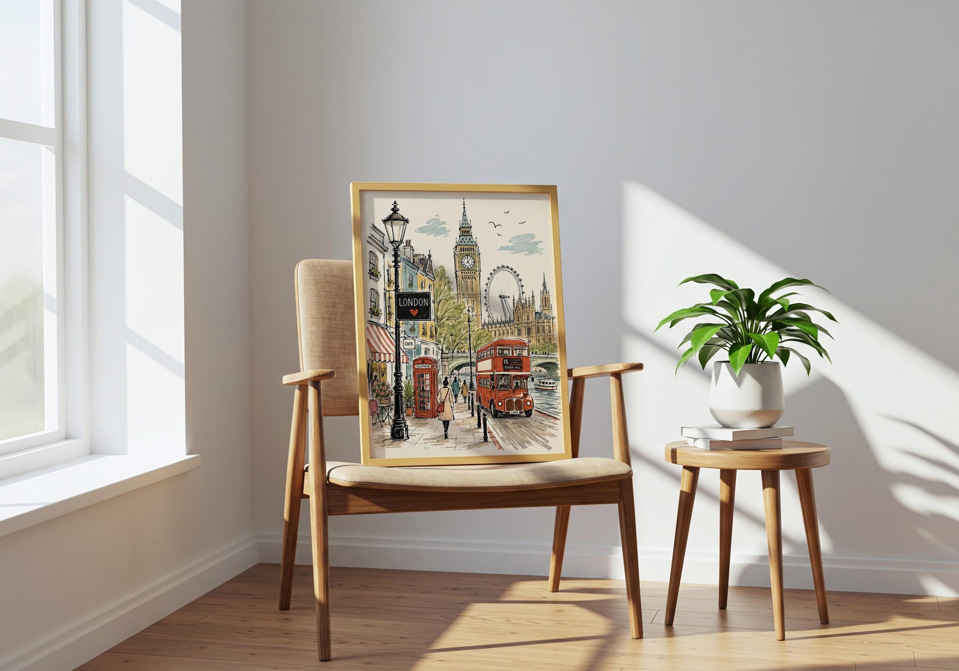 Framed London wall art displayed in a warm neutral bedroom beside a woven rattan headboard and large green houseplant.