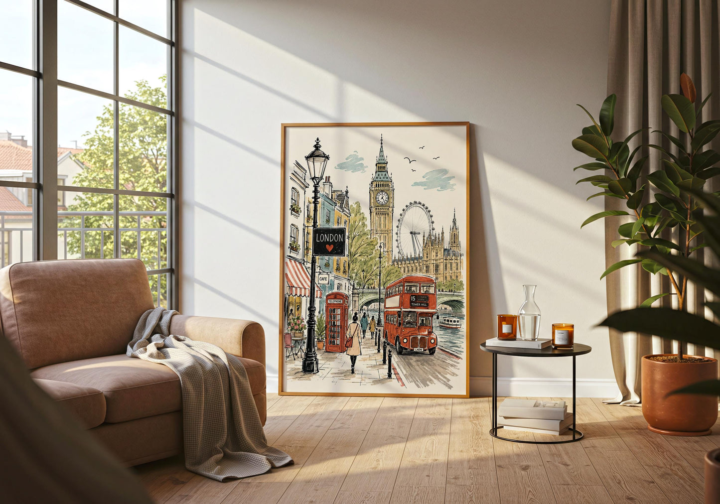 Vintage-inspired British wall art featuring a red telephone box and double-decker bus with Westminster in the background.