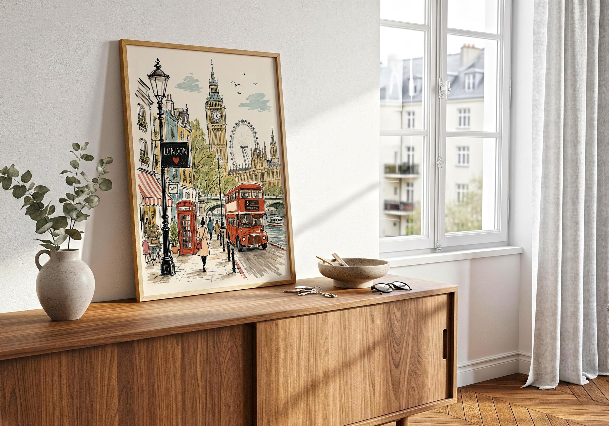 Warm-toned London art print in a natural wood frame styled against a neutral bedroom wall.