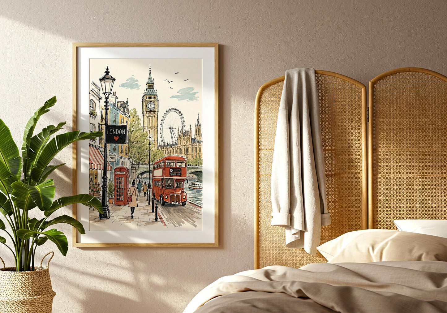 London lover gift featuring famous British landmarks, traditional transport and an atmospheric city street scene.