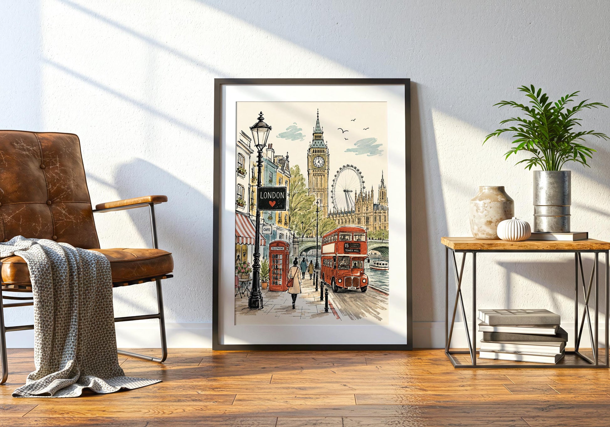 London travel print in cream, sage, ochre and red with illustrated architecture, pedestrians and iconic city landmarks.