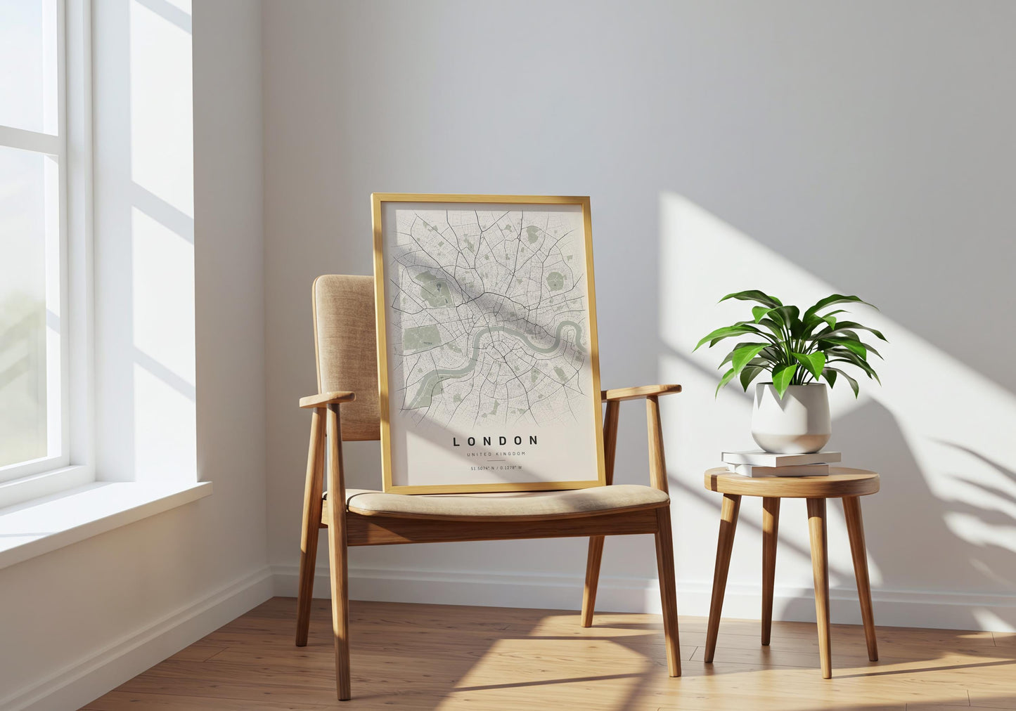Framed London city map displayed in a bright elegant interior with a natural wood frame and warm neutral styling.