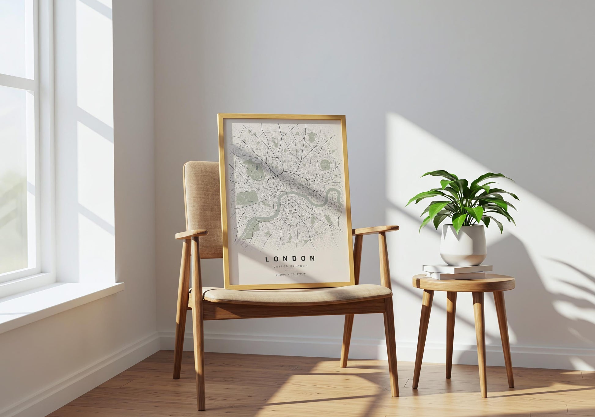 Framed London city map displayed in a bright elegant interior with a natural wood frame and warm neutral styling.