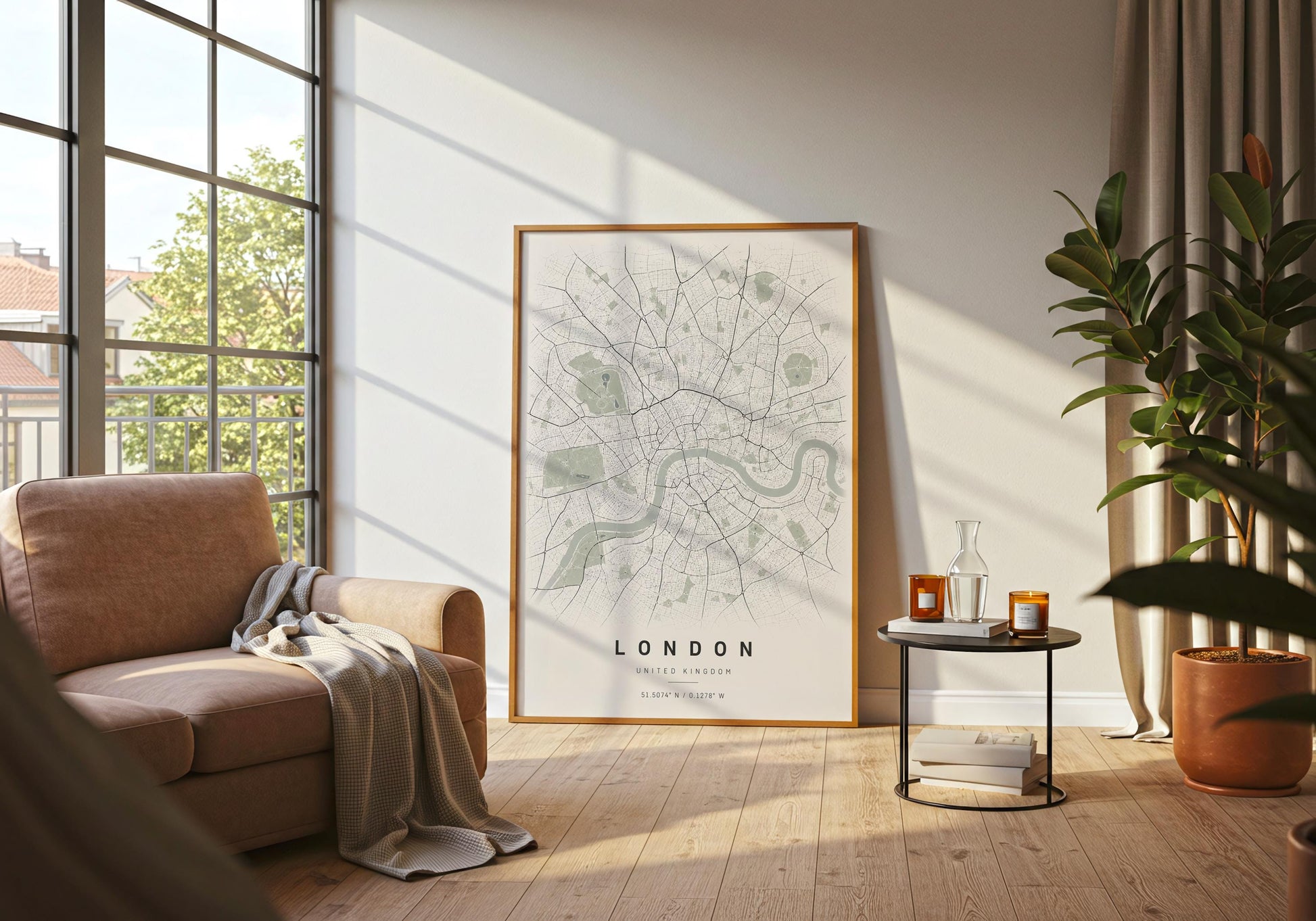 Modern London city map print with London and United Kingdom typography beneath the detailed cartographic design.