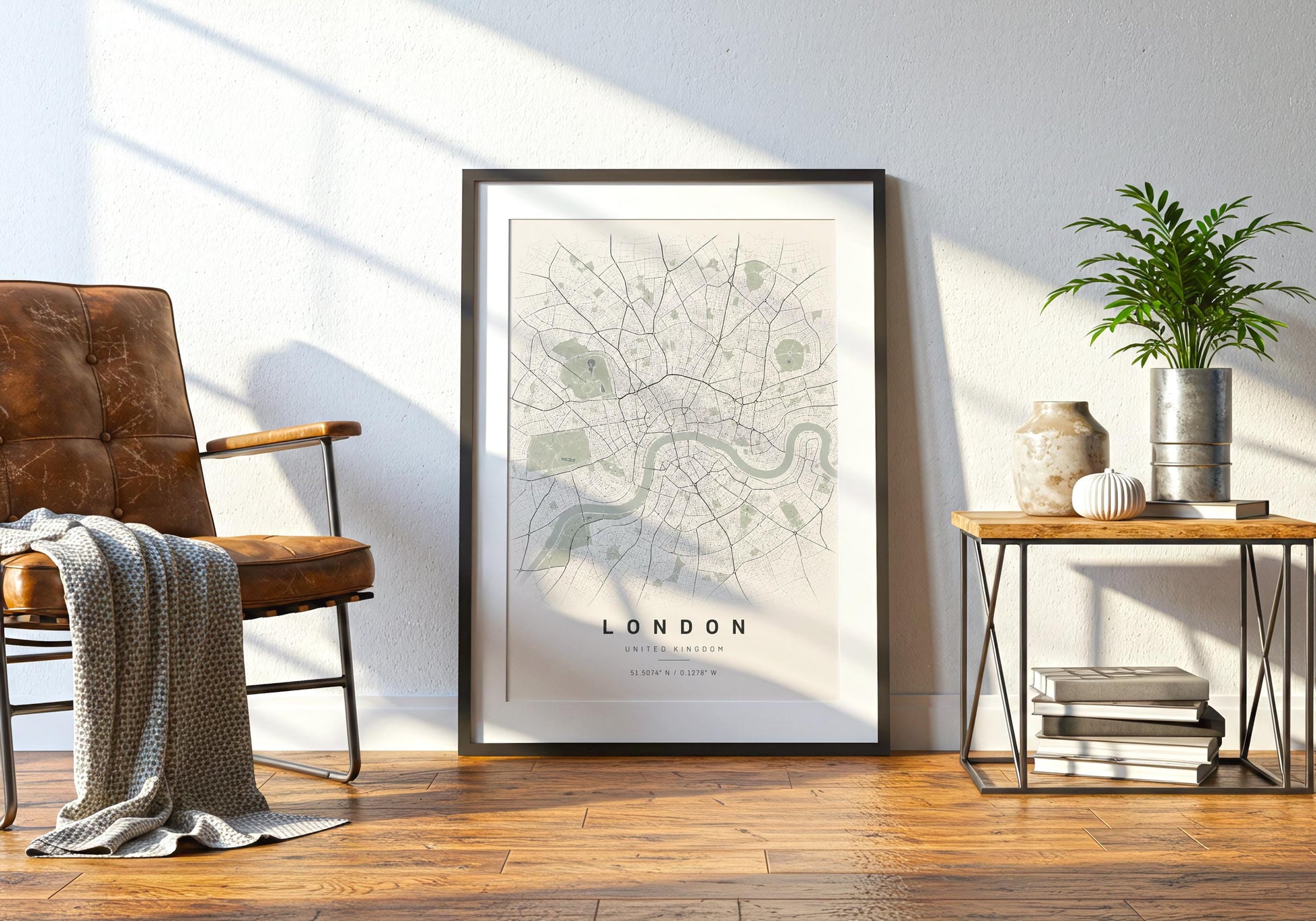 Neutral London map wall art featuring an understated cream, sage green and charcoal colour palette.