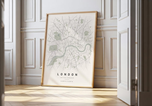 Minimalist London map print showing the city street network and River Thames in soft sage green and charcoal.